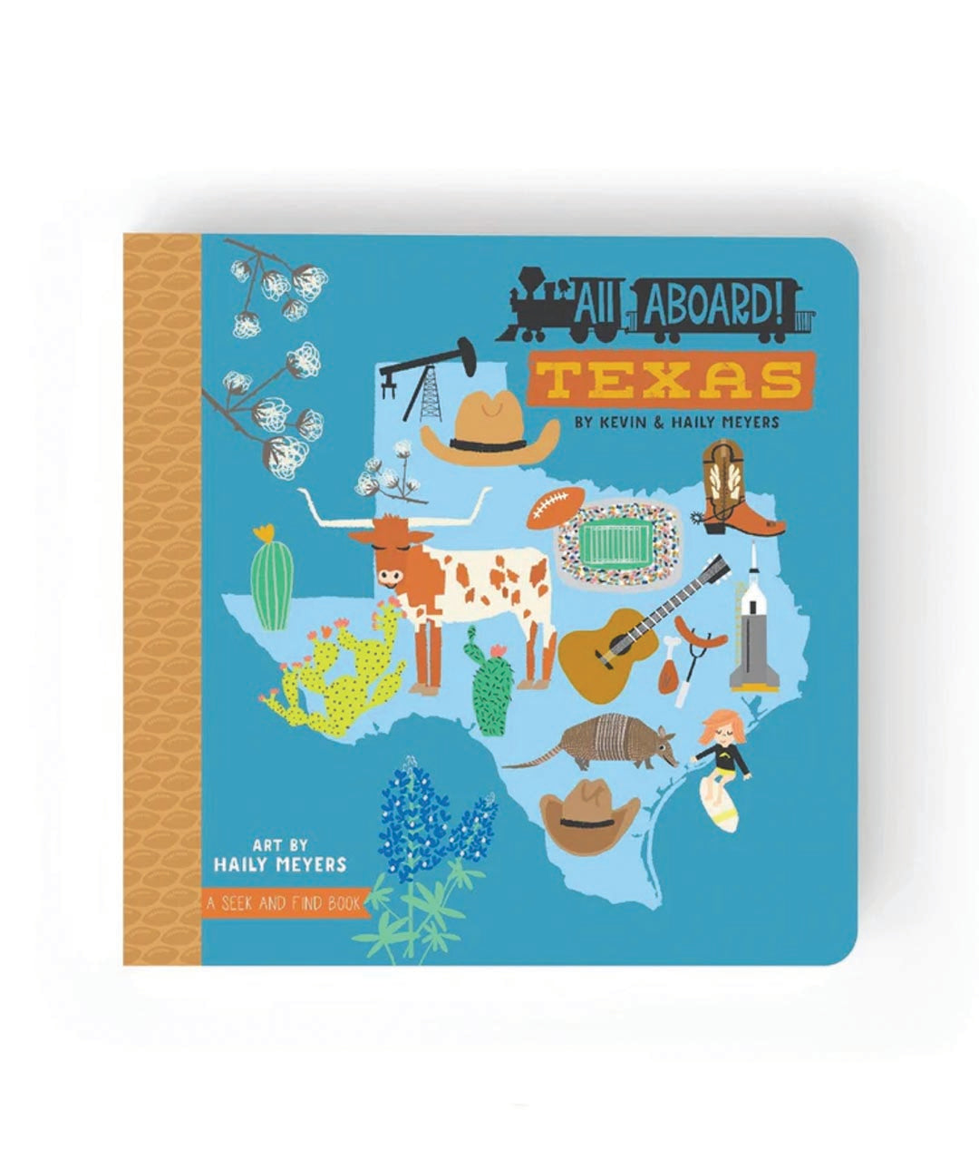Children's book titled 'All Aboard Texas' with colorful illustrations on a blue background