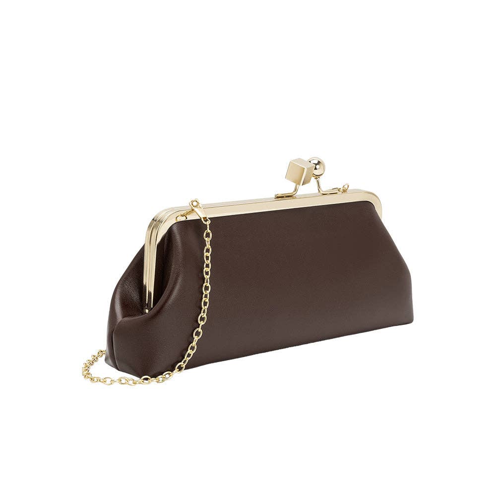 A dark brown leather clutch bag with a gold-tone metal kiss-lock frame and a delicate gold chain strap, shown on a plain white background.