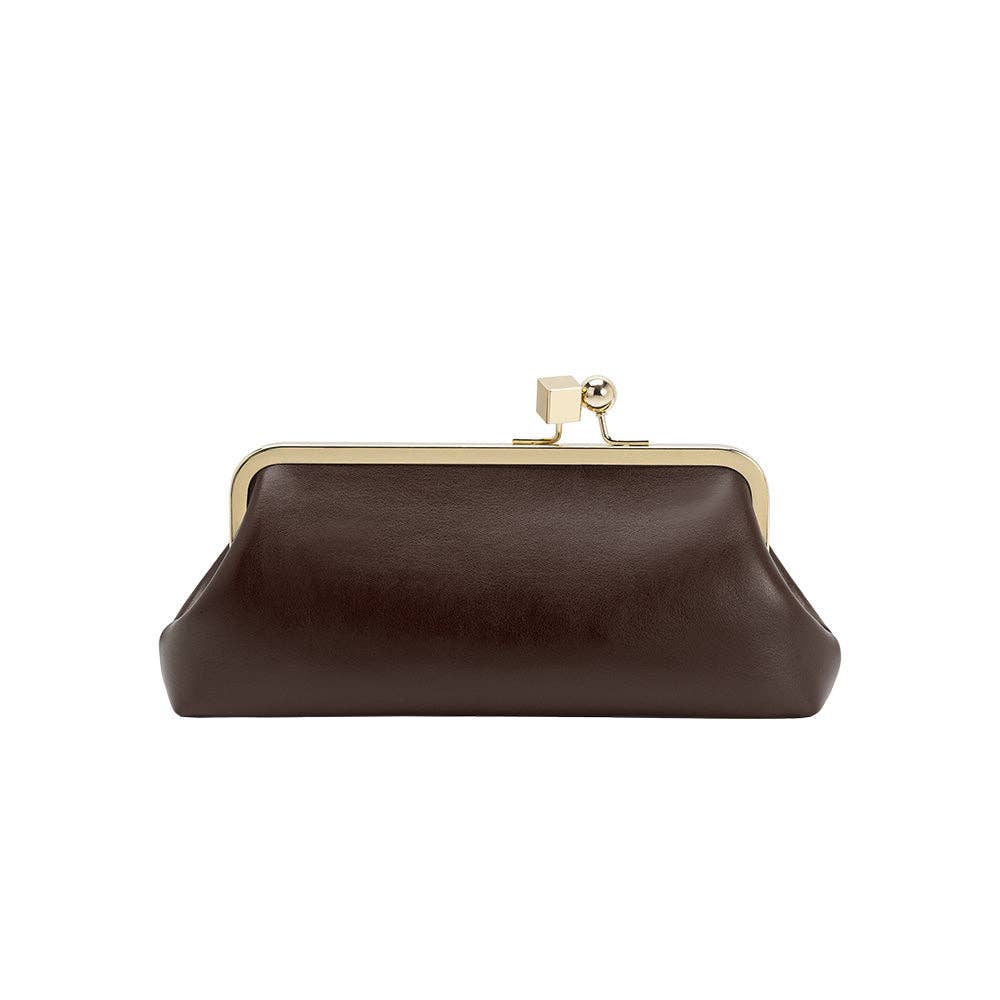 A black leather kiss-lock clutch bag with a gold-tone metal frame and clasp, shown against a plain white background.