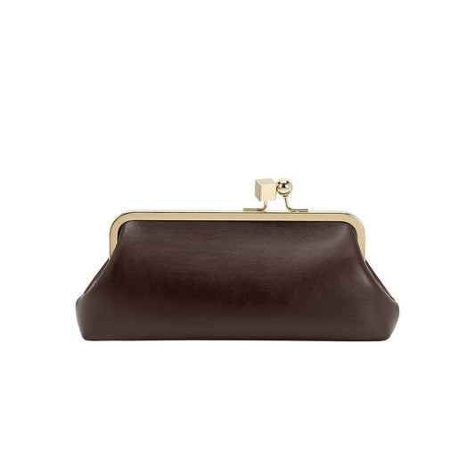 A black leather kiss-lock clutch bag with a gold-tone metal frame and clasp, shown against a plain white background.