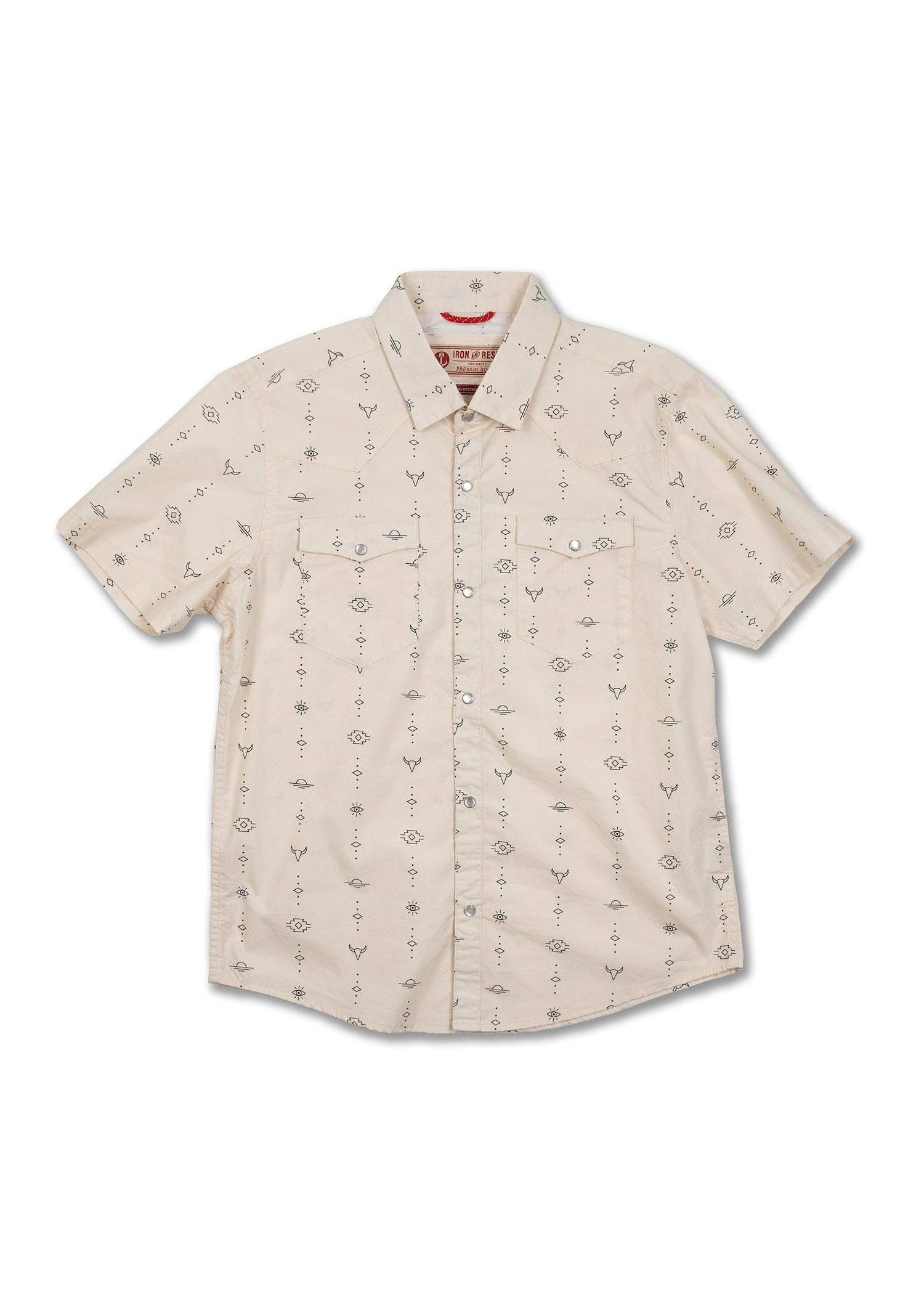 beige short sleeve shirt with line drawing print on a white background