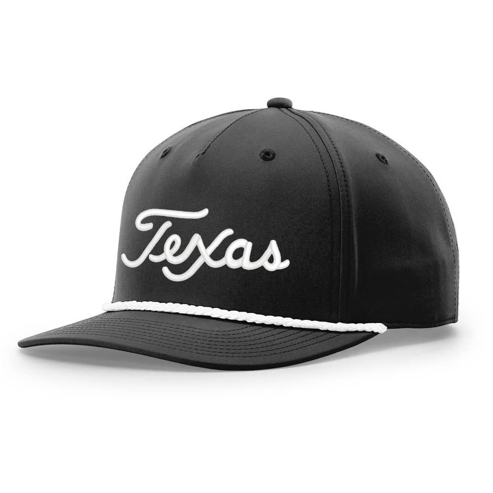 black hat with white rope across cap and embroidered "Texas" script in white