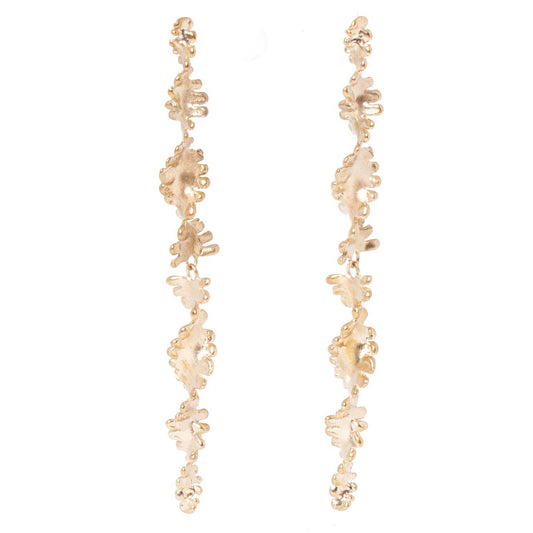 A pair of gold-toned dangle earrings with a textured, organic leaf-like or coral-like design, shown against a plain white background.