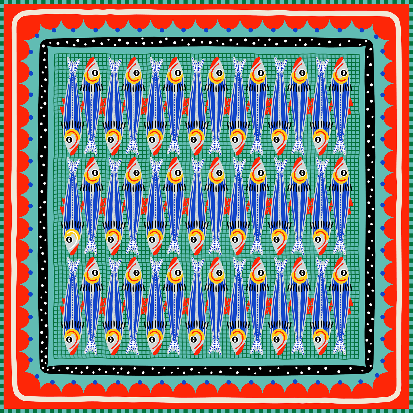 Patterned fabric with blue fish design on a green background