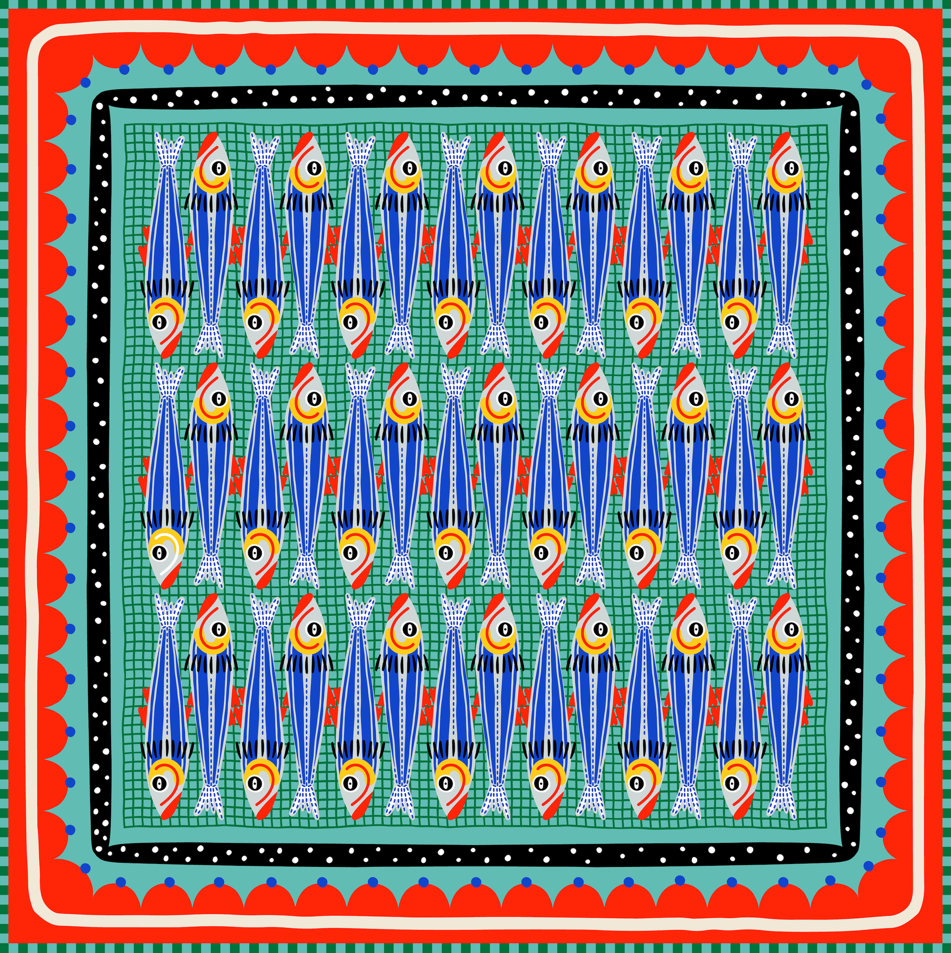 Patterned fabric with blue fish design on a green background