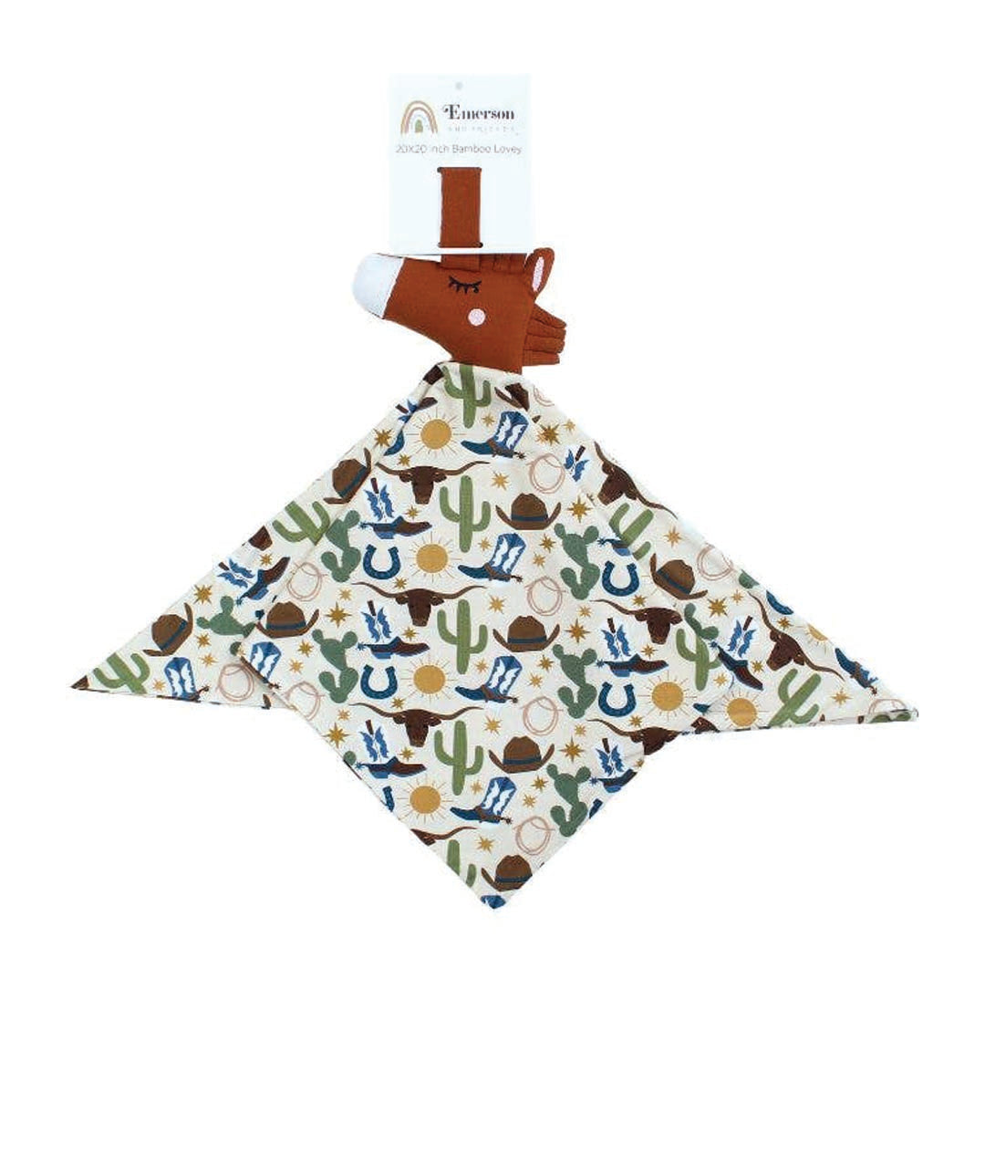 Baby comfort blanket with cowboy pattern on a white background