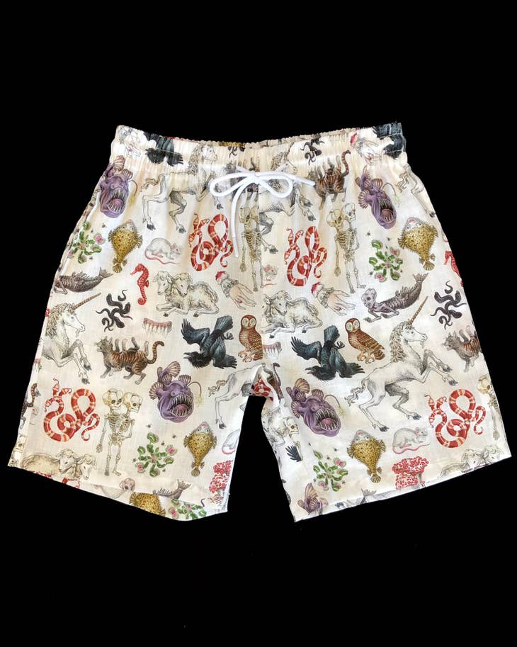 linen shorts with various animals printed on