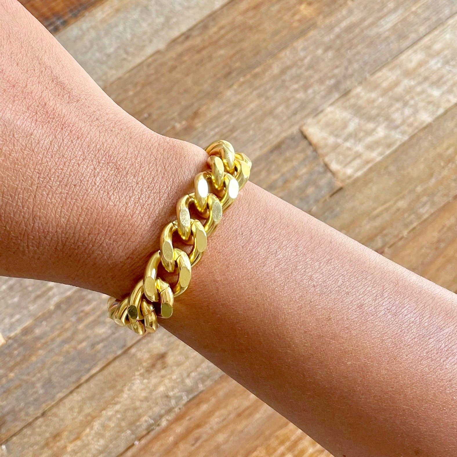 18k gold plated brass chain bracelet with one inch extender on a wrist