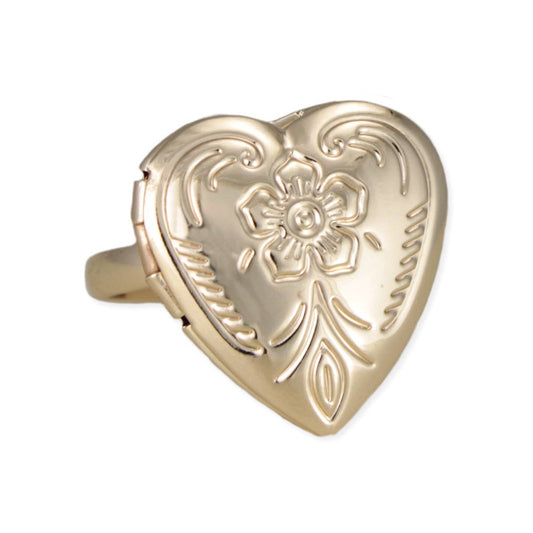 Gold heart-shaped locket ring with floral design on a white background