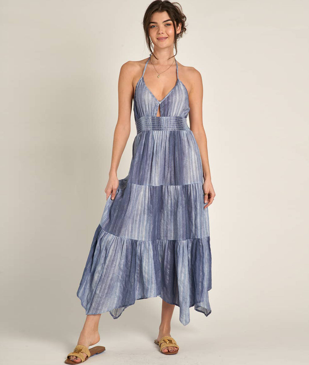 Halter Neck Tiered Maxi Dress - Navy