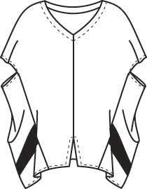 illustration of a boxy pullover with black contrasting striped panels on either side, and a center front seam met with a vneck and split at the hem