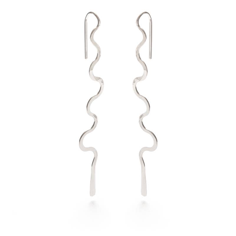 silver earrings feature a unique, dangly design. on white background