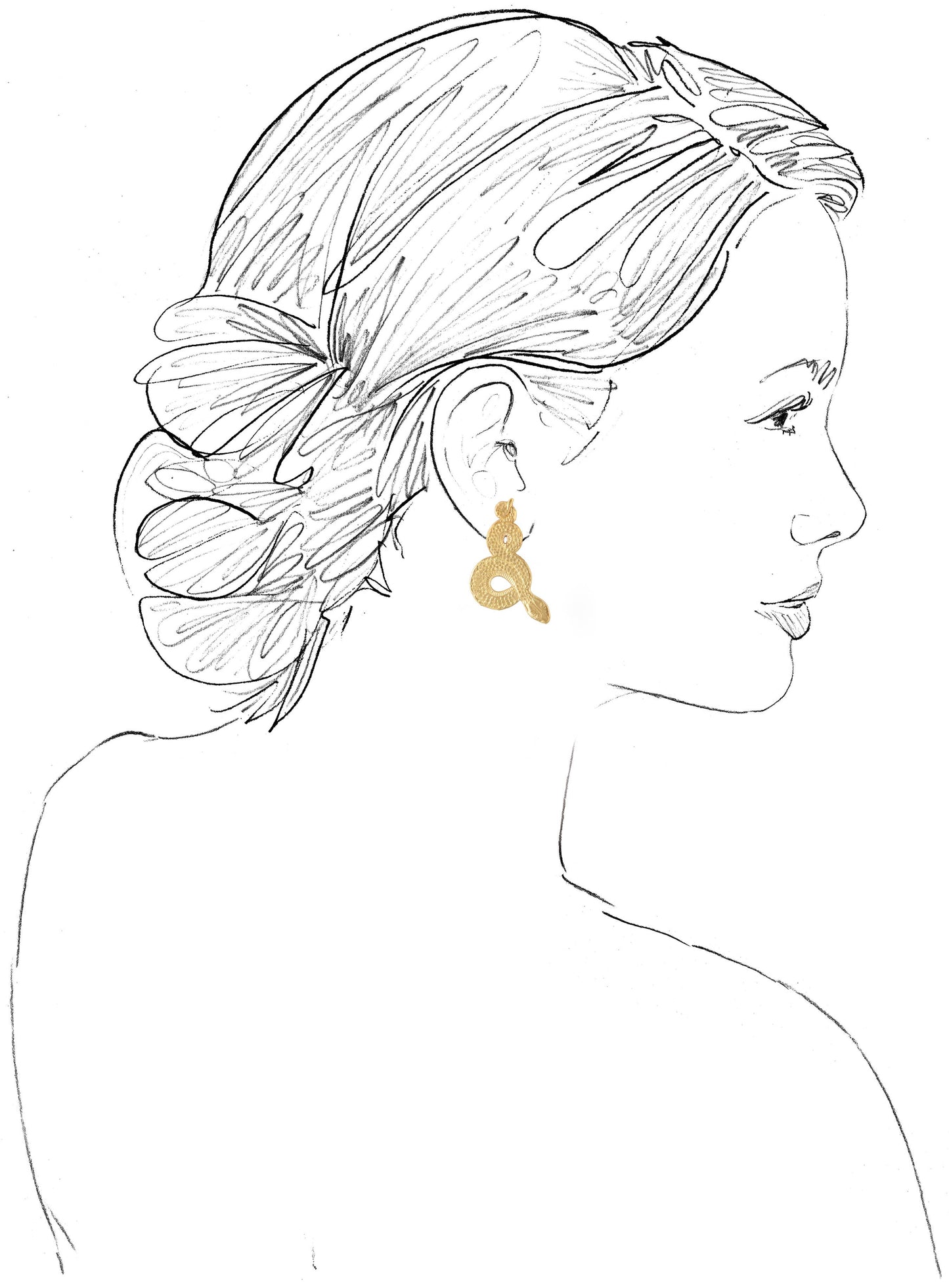 Line drawing of a woman's profile with a gold earring.