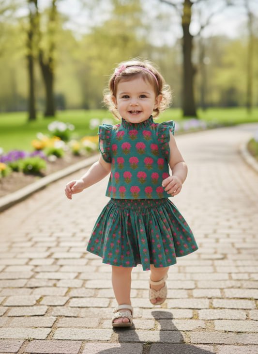 Child wearing a green dress with pink floral pattern on a paved path in a park.