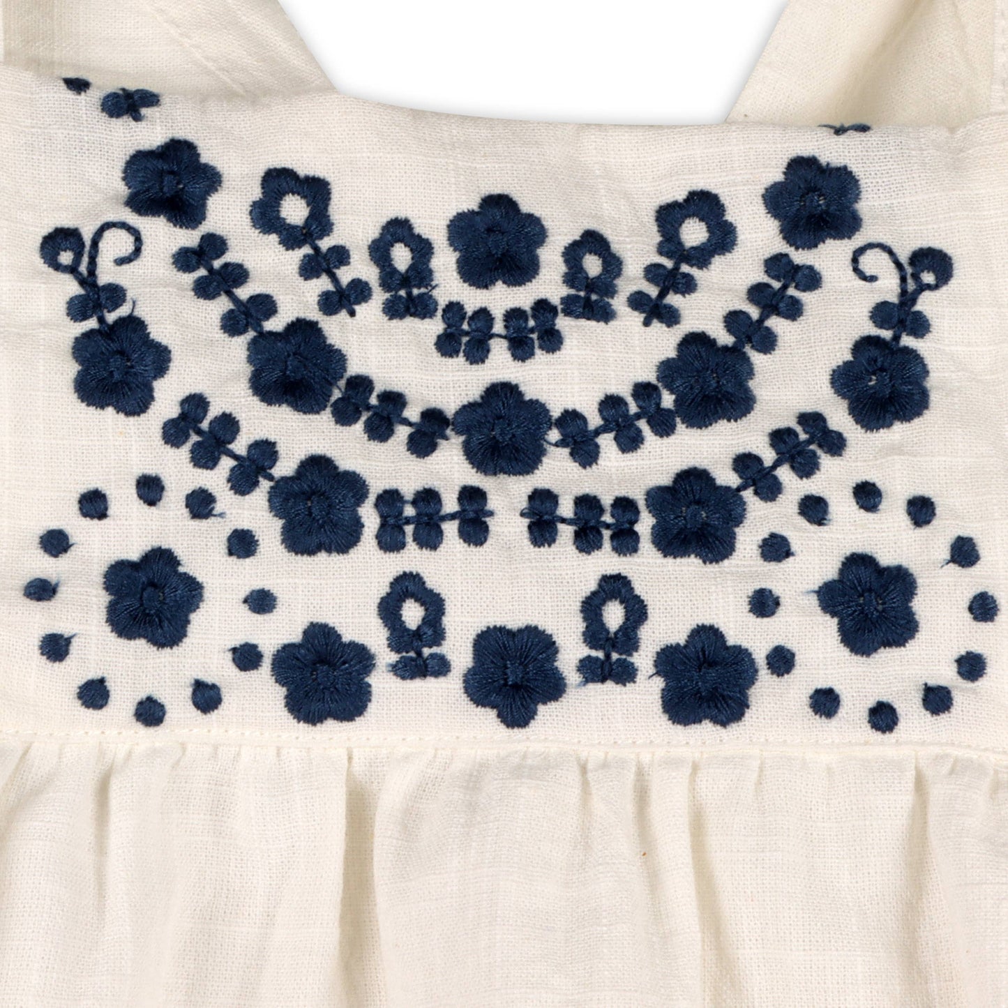 close up of navy embroidery on off white baby bubble jumper