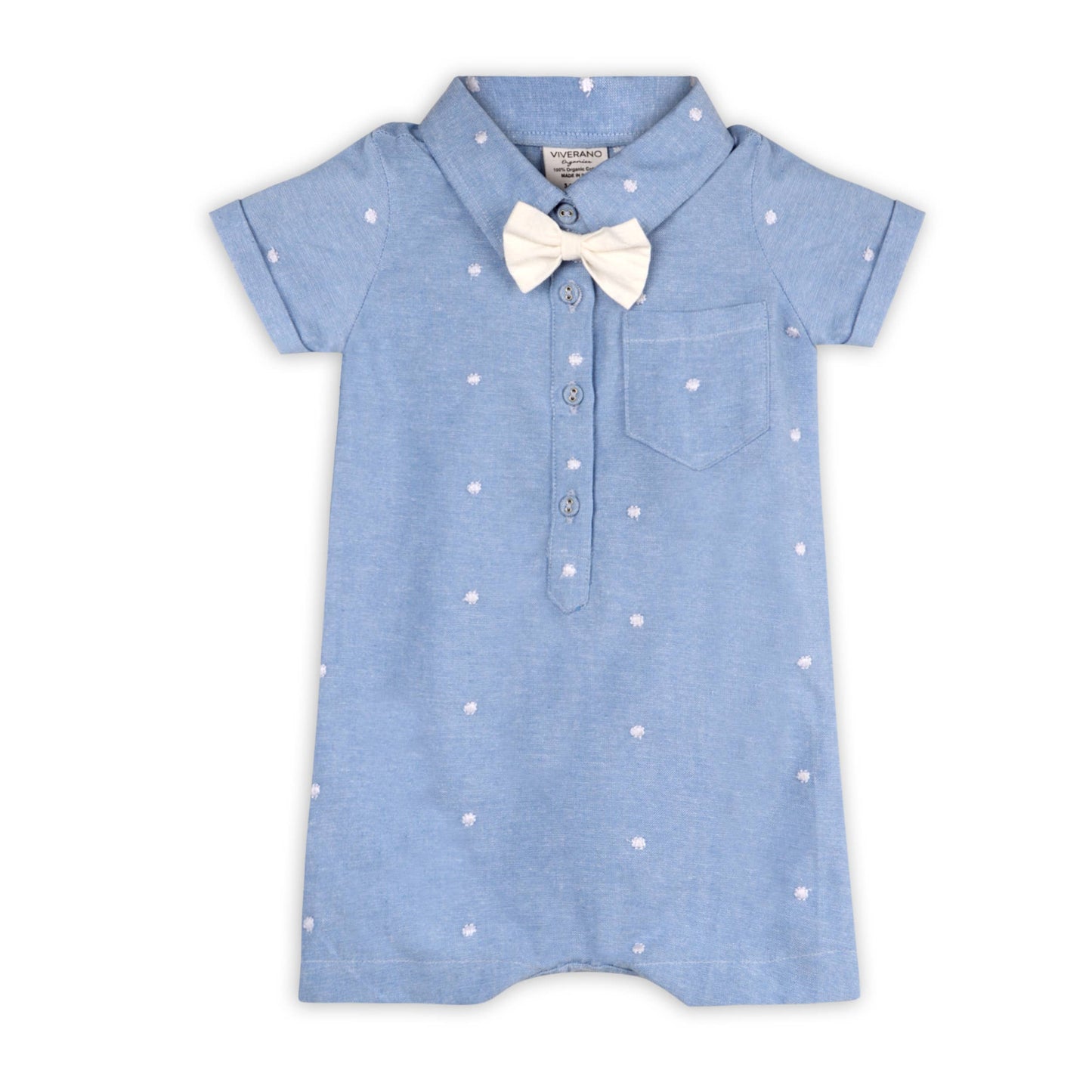 light blue baby jumper with white dots, collar, button up and white bow tie