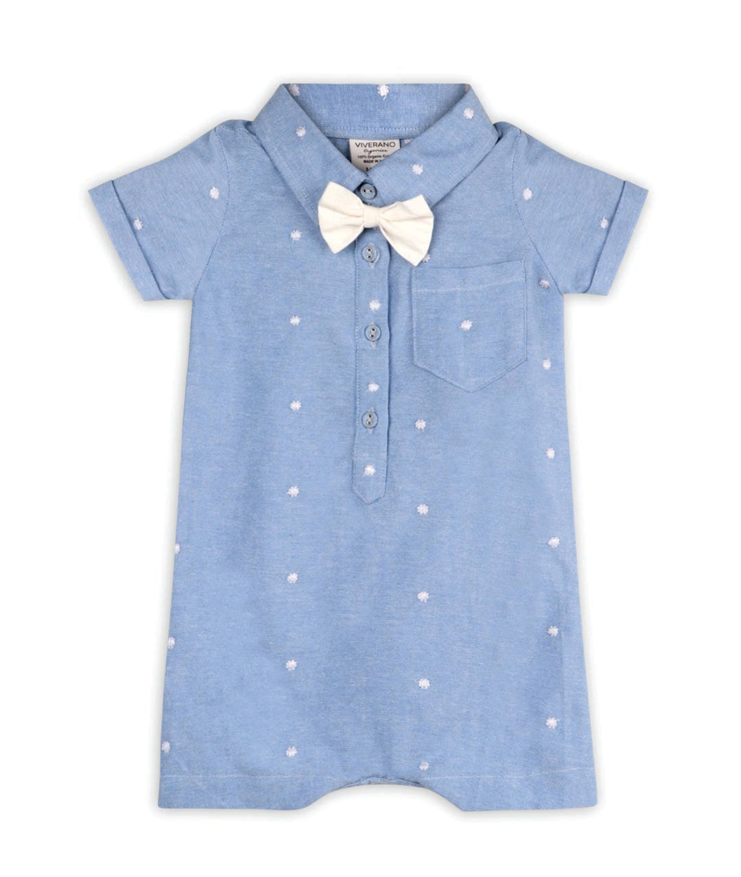 light blue baby jumper with white dots, collar, button up and white bow tie