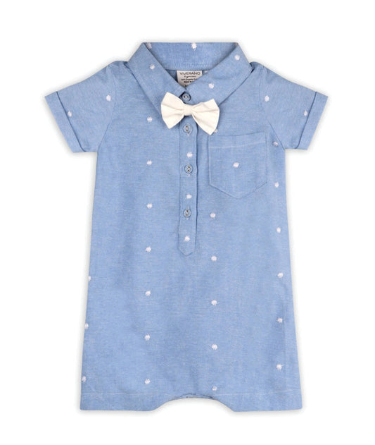 light blue baby jumper with white dots, collar, button up and white bow tie