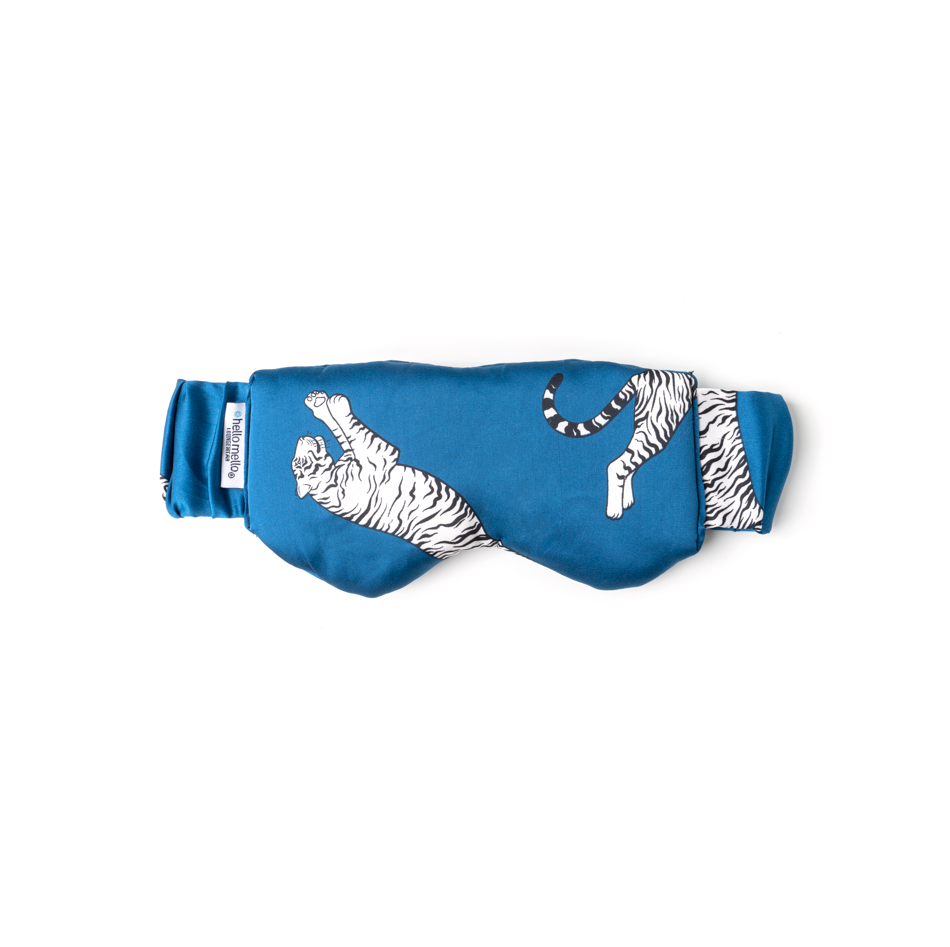 satin blue sleep mask with black and white tigers on white background