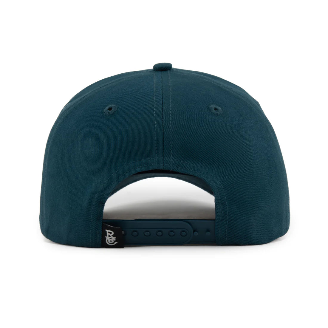 Back view of a teal cap with a small logo on a white background