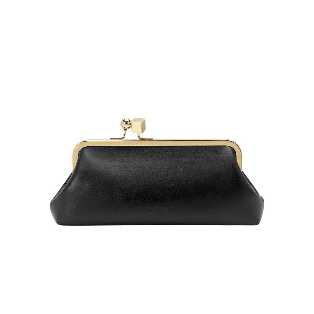 A dark brown leather kiss-lock clutch bag with a gold-tone metal frame and clasp, shown against a plain white background.