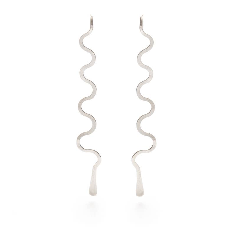 silver earrings feature a unique, dangly design. on white background