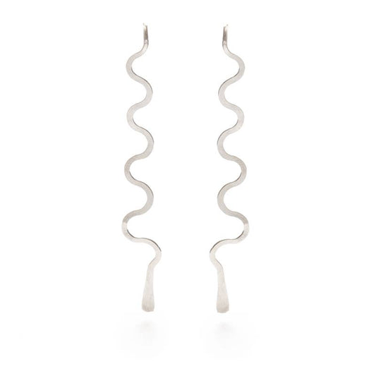 silver earrings feature a unique, dangly design. on white background