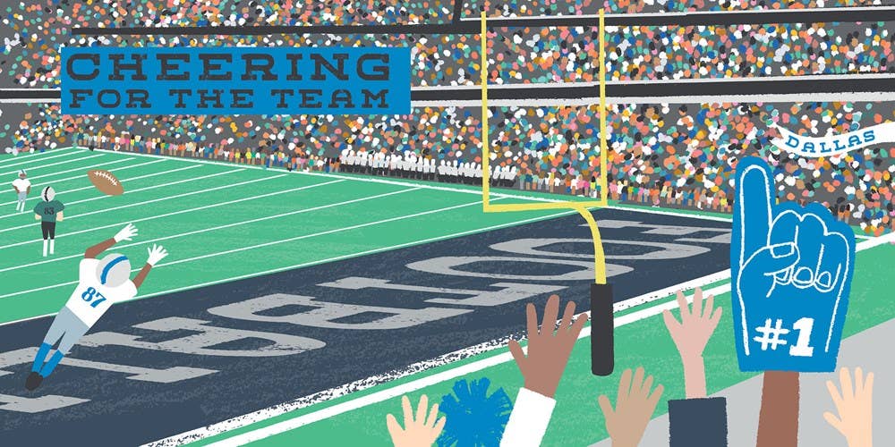 Children's book titled 'All Aboard Texas' with colorful illustrations on a blue background