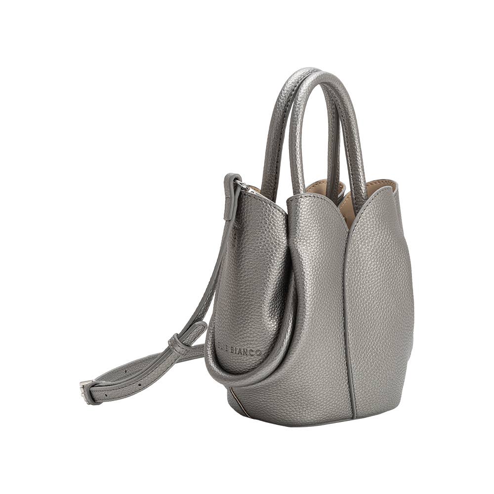A metallic silver pebbled leather handbag with double top handles and a detachable shoulder strap, shown from a three-quarter angle on a white background.