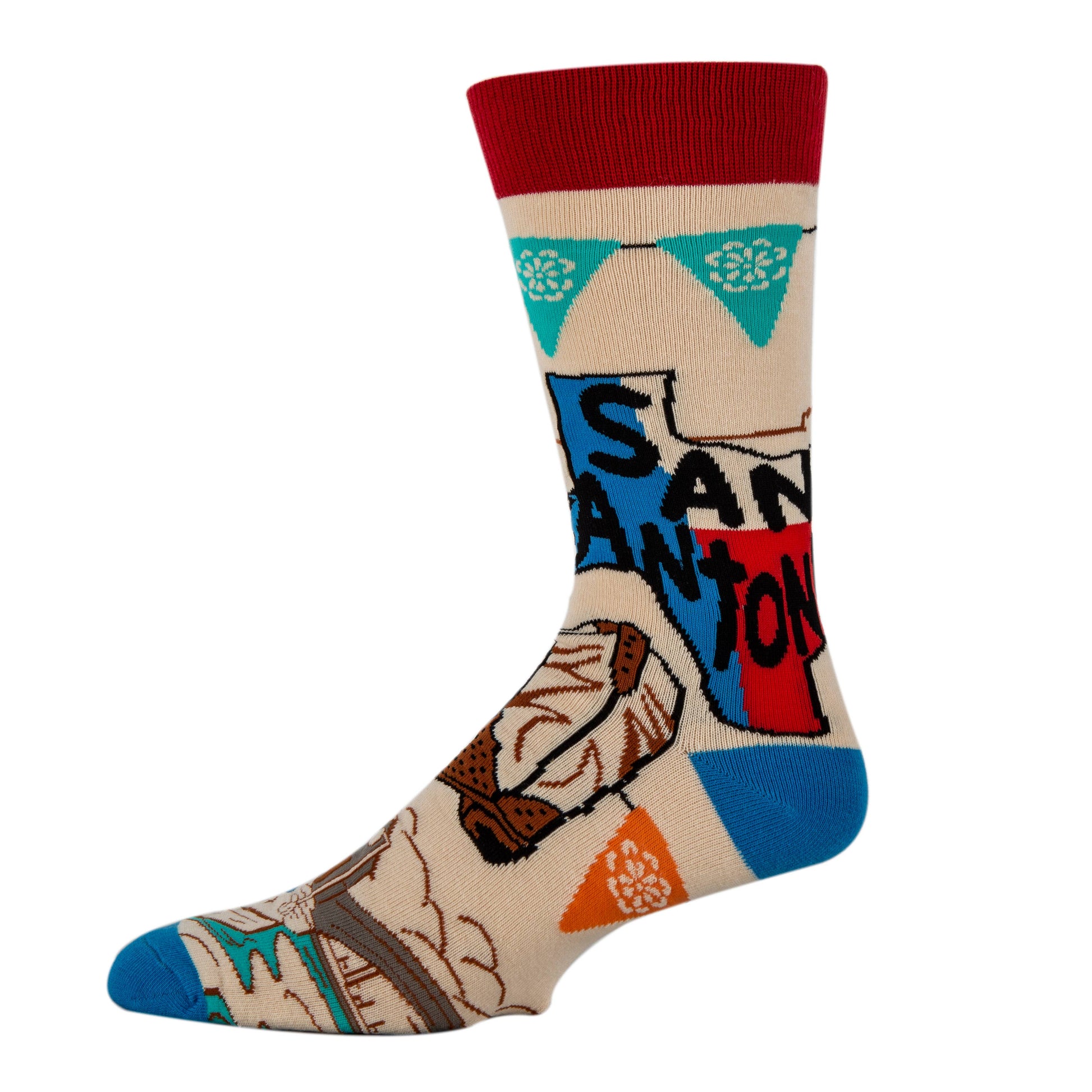 san antonio sock featuring texas state, fiesta banner, cowboy boots and the riverwalk