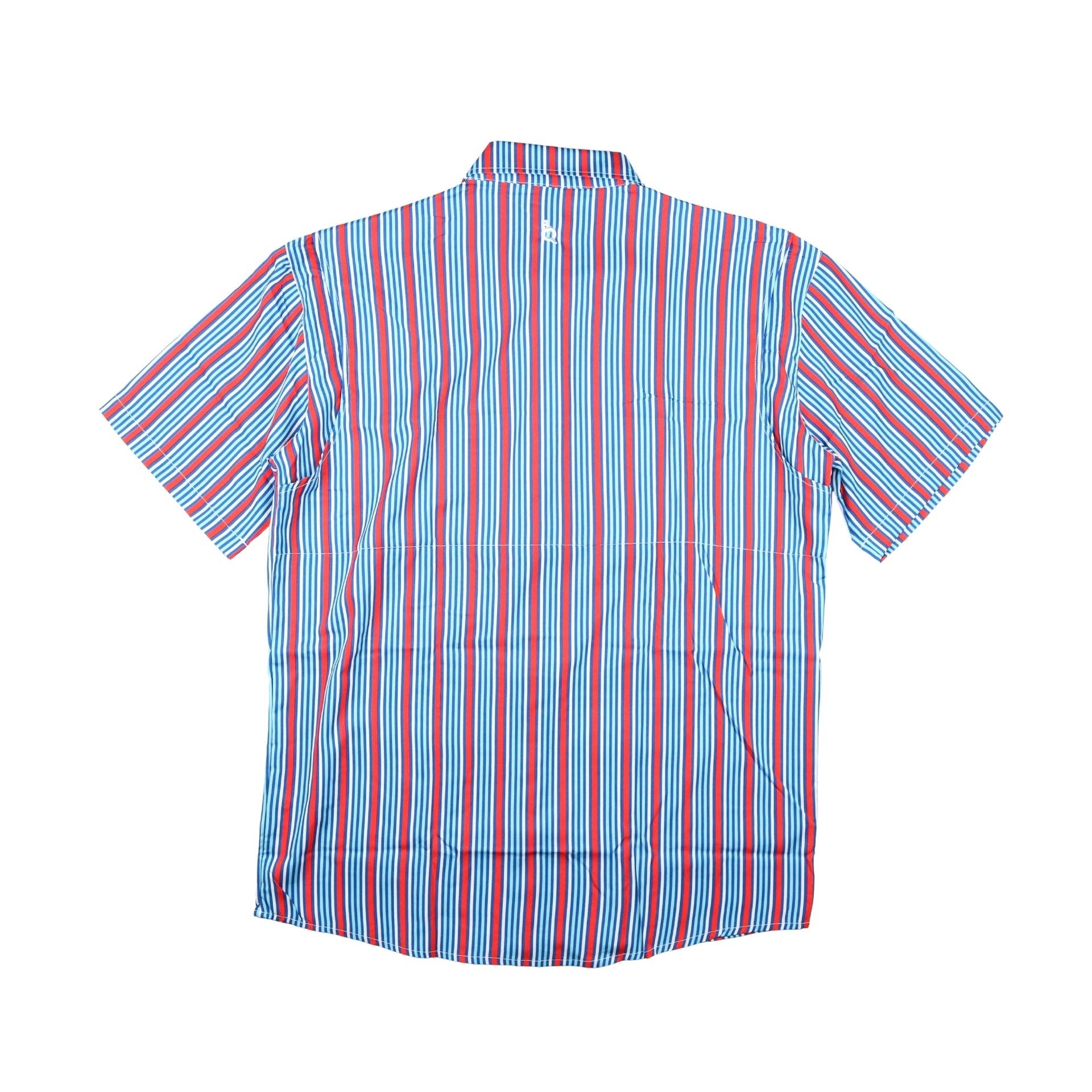 red, white and blue stripe shirt on a white background