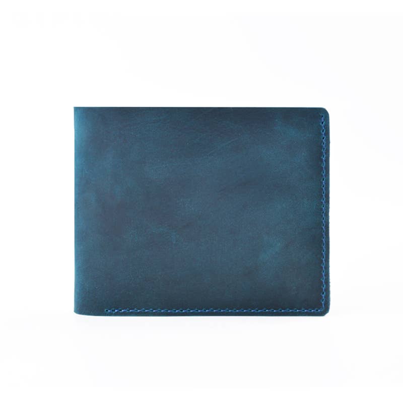 front of blue leather wallet against white background