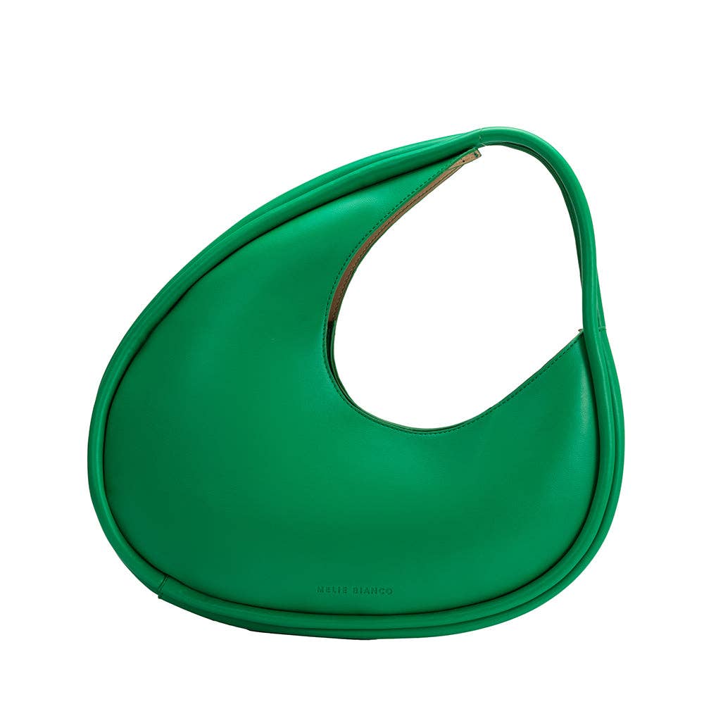 green circular asymmetrical shoulder bag with double piping structured handles