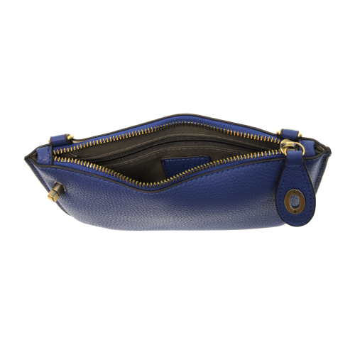 open view of dark cobalt color crossbody clutch