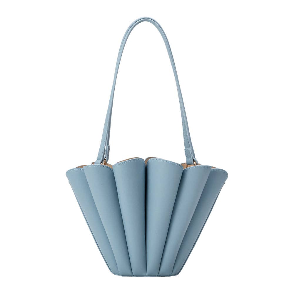 Light blue handbag with a fan-like design on a white background