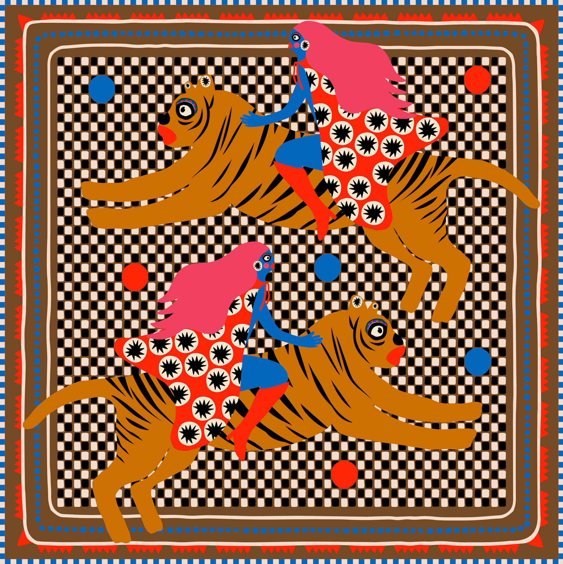 A bandana featuring a repeated pattern of a stylized tiger with decorative elements in multiple colors on a brown and white checkered background. The bandana has a decorative border.