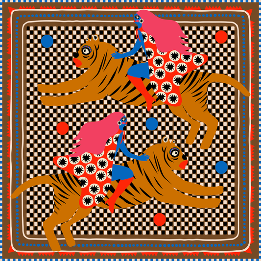 A bandana featuring a repeated pattern of a stylized tiger with decorative elements in multiple colors on a brown and white checkered background. The bandana has a decorative border.