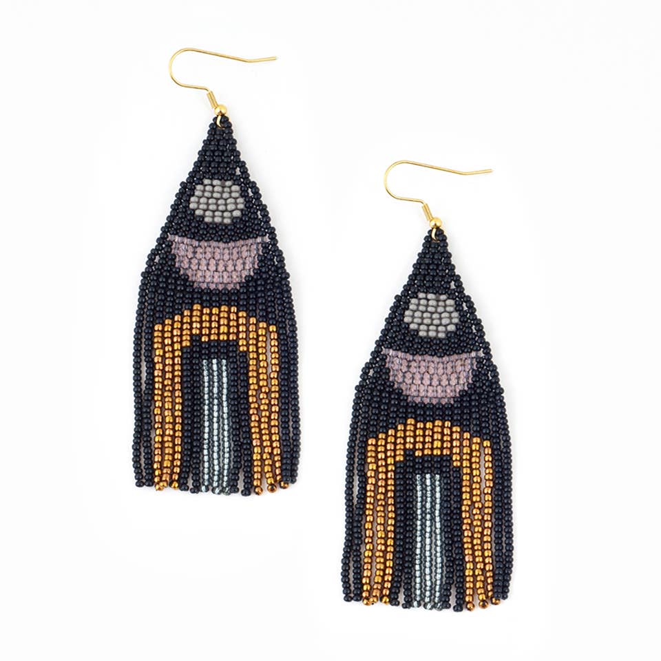 
Glass seed beads and gold plated french ear wire earrings in black, gold and grey. on a white background