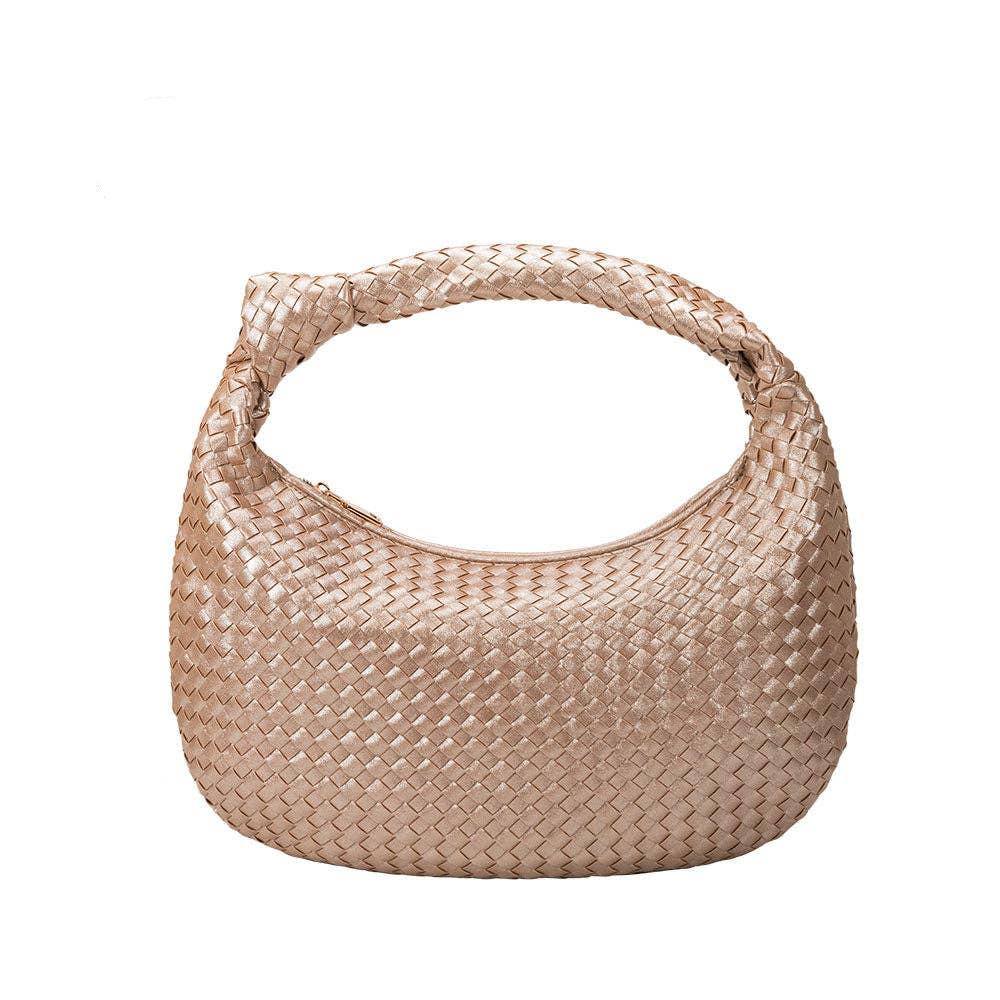 woven handbag with knit in strap on white background