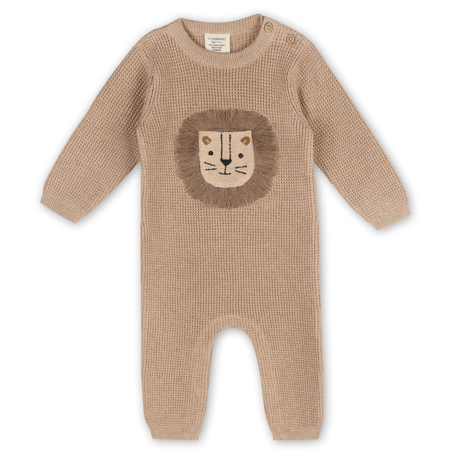 light brown baby sweater with lion 3D embroidery and a front pocket