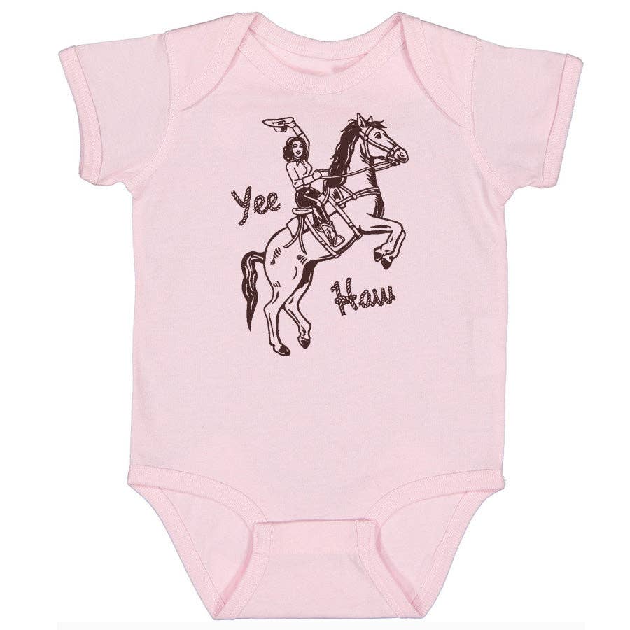 pink baby onesie with cowgirl and horse and the words "Yee Haw"