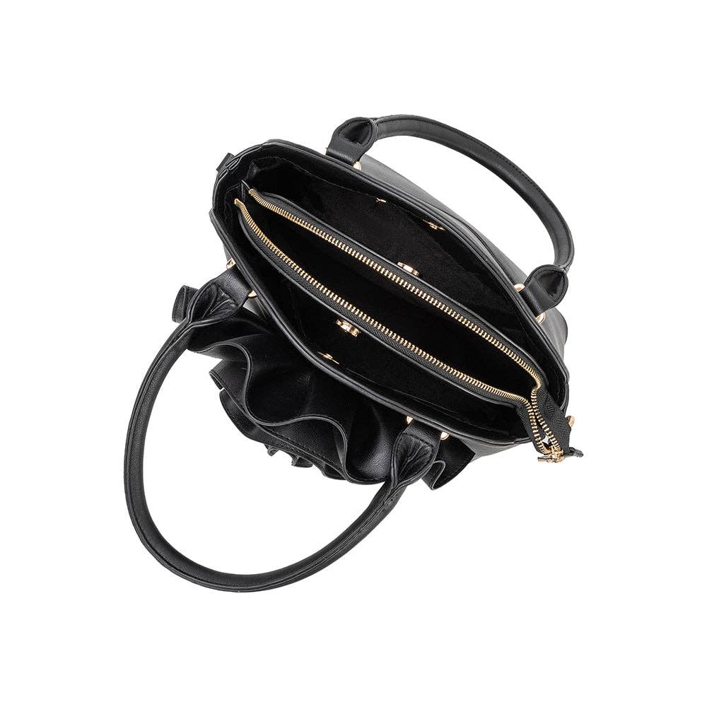 inside view of black handbag with large flower detailing on white background