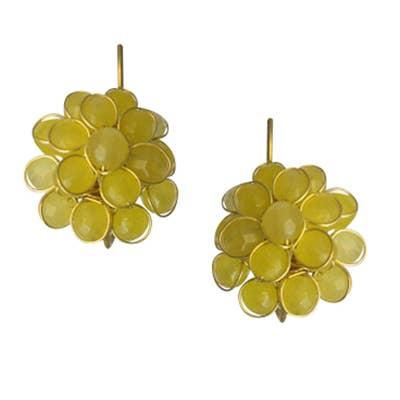 Faceted yellow jade flower dangle earrings in brass on white background