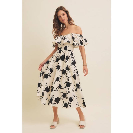 Convertible Floral Ruffled Midi Dress - Cream & Black