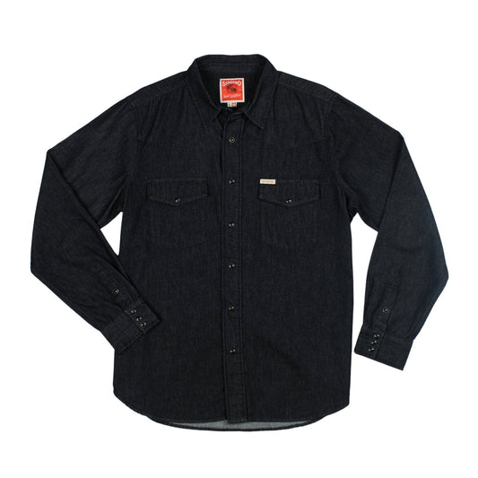 black denim long sleeve shirt on a white background