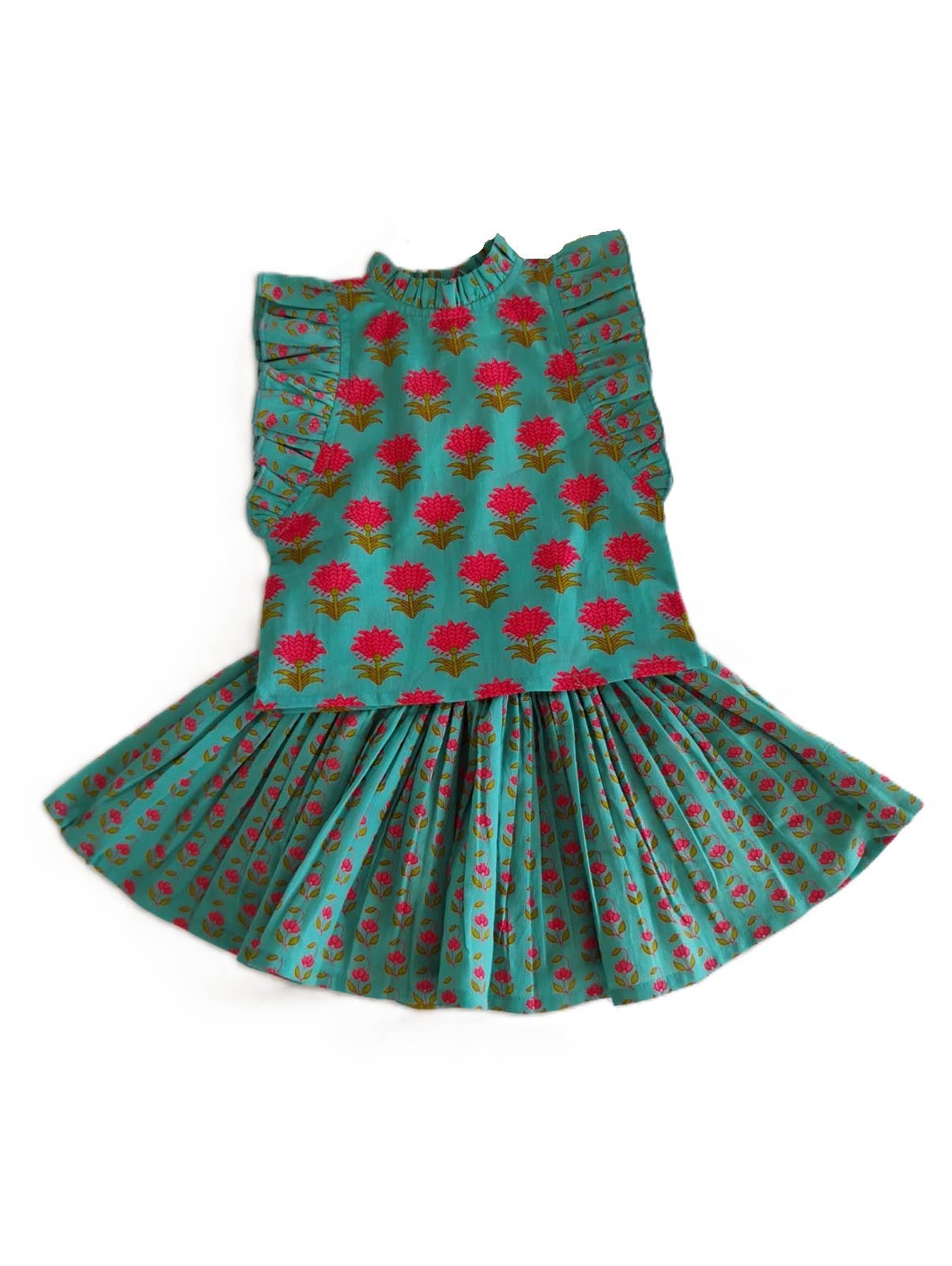 Green dress with floral pattern on a white background