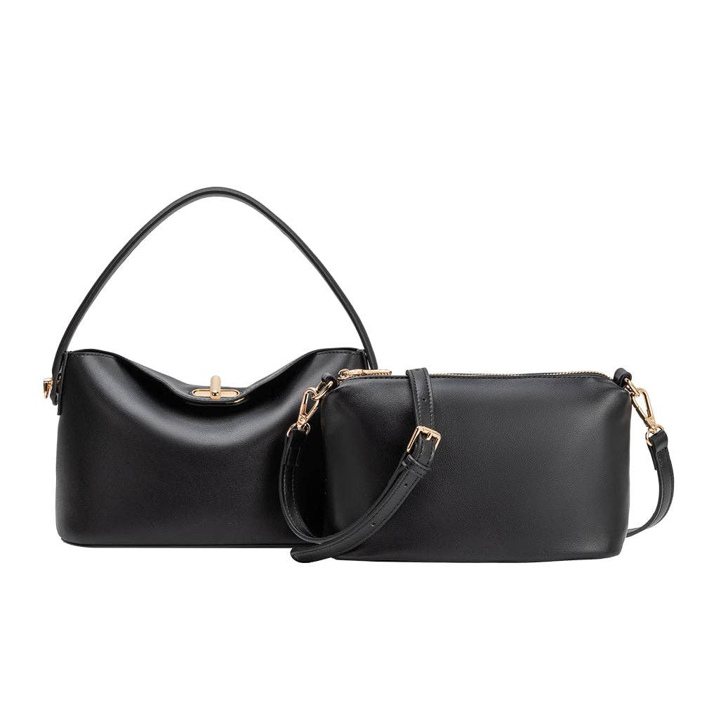Black handbag with gold accents on a white background