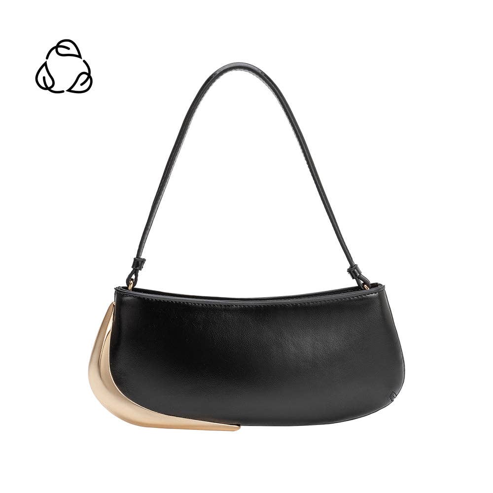 Black handbag with gold accent on a white background