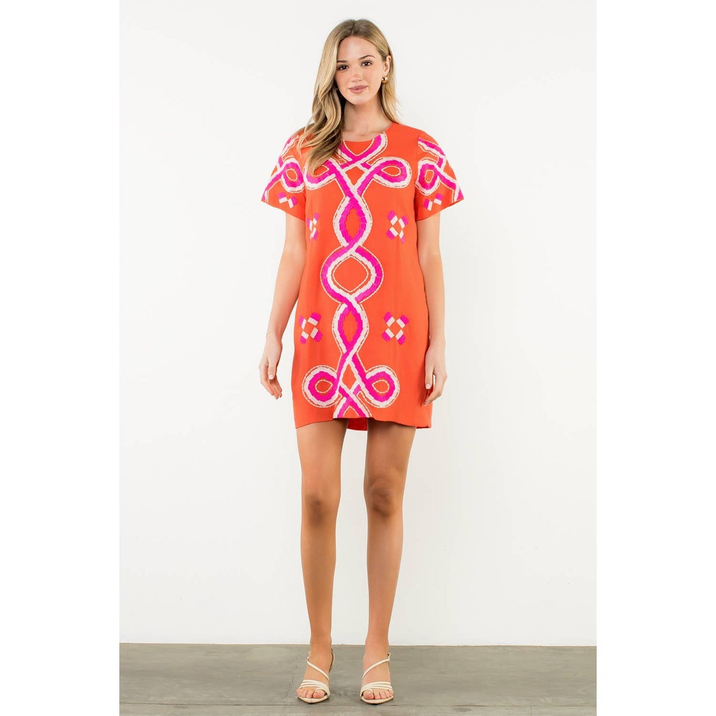 Embroidered Short Sleeve Mini Dress - Orange