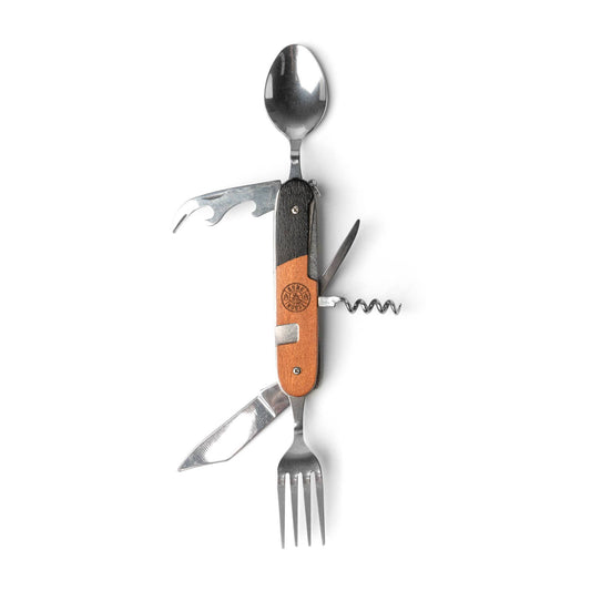 pocket tool with fork, spoon, wine opener, knife and bottle opener